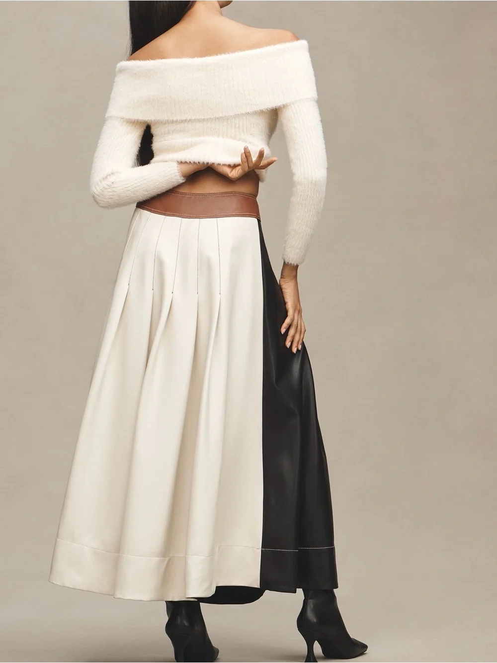 By Anthropologie Faux-Leather Colorblock Pleated Maxi Skirt Size 2 NWT
